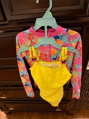 btween Pink Floral Long-Sleeve Rashguard with Yellow One-Piece Swimsuit